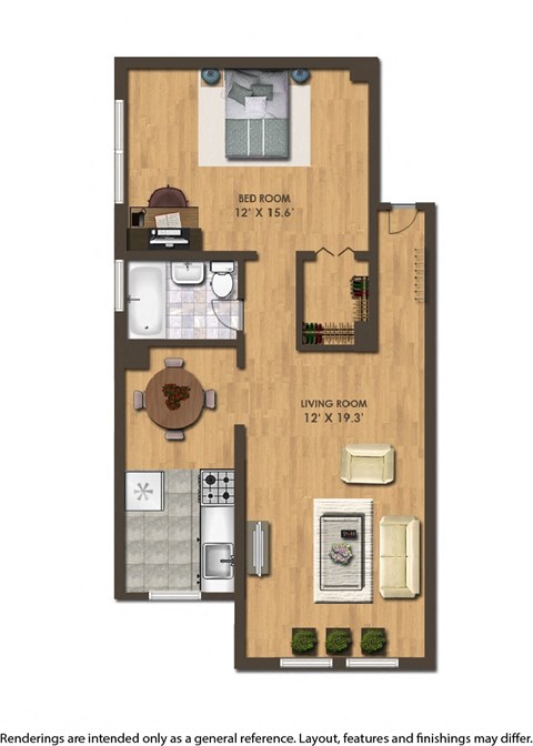 Floor plan for 1 bed, 1 bath, 665 sqft